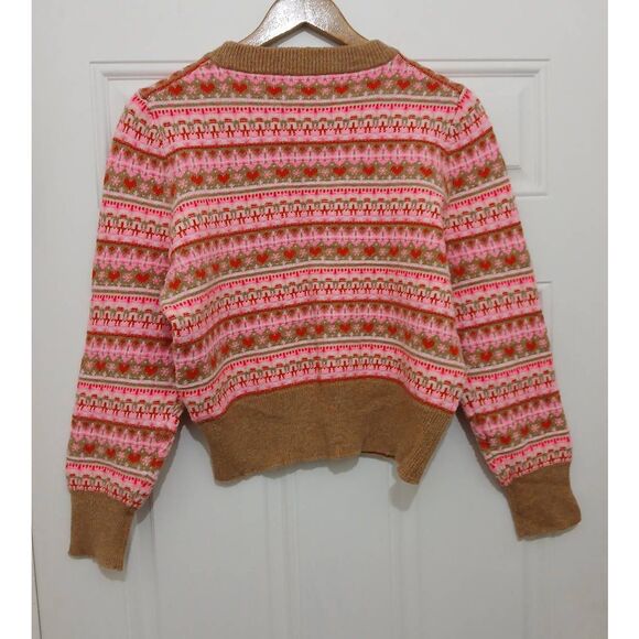 J crew womens medium pink tan fairisle puff sleeve colorblock sweater wool - Picture 4 of 7